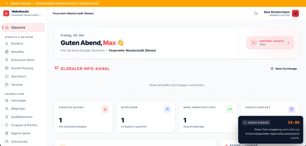Webeinsatz.de Admin Dashboard Screenshot